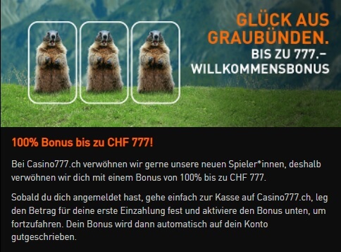 Glück aus Graubünden: 100% Willkommensbonus bis zu 777 CHF