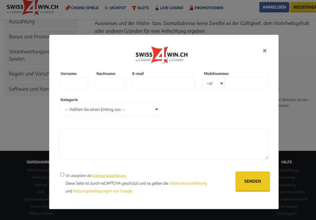 Swiss4Win Casino Test: Der Kundendienst steht Ihnen per Chat und E-Mail zur Verfügung.