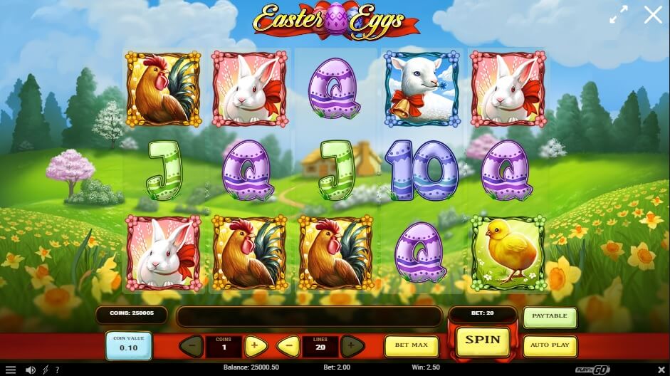 Der Easter Eggs Slot hat tierische Symbole vor einer Frühlingswiese und Ostereier zu bieten