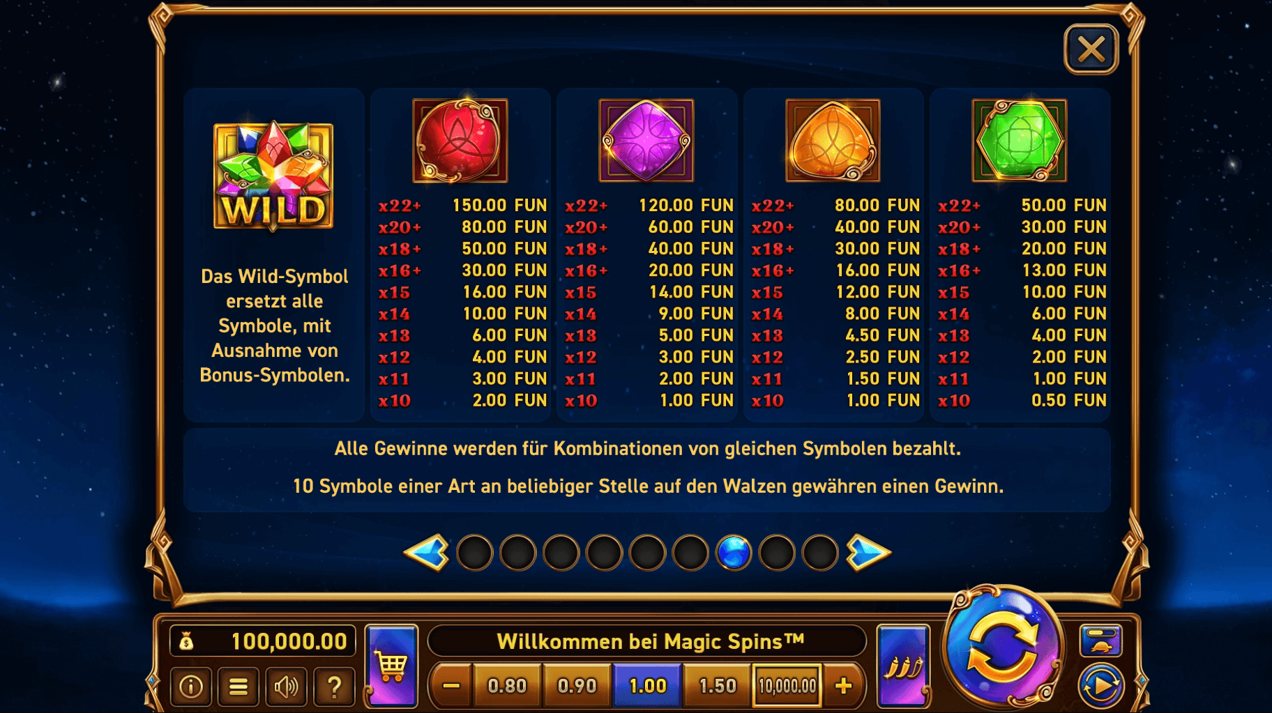 Auszahlungstabelle Symbole Magic Spins Wild und Edelsteine