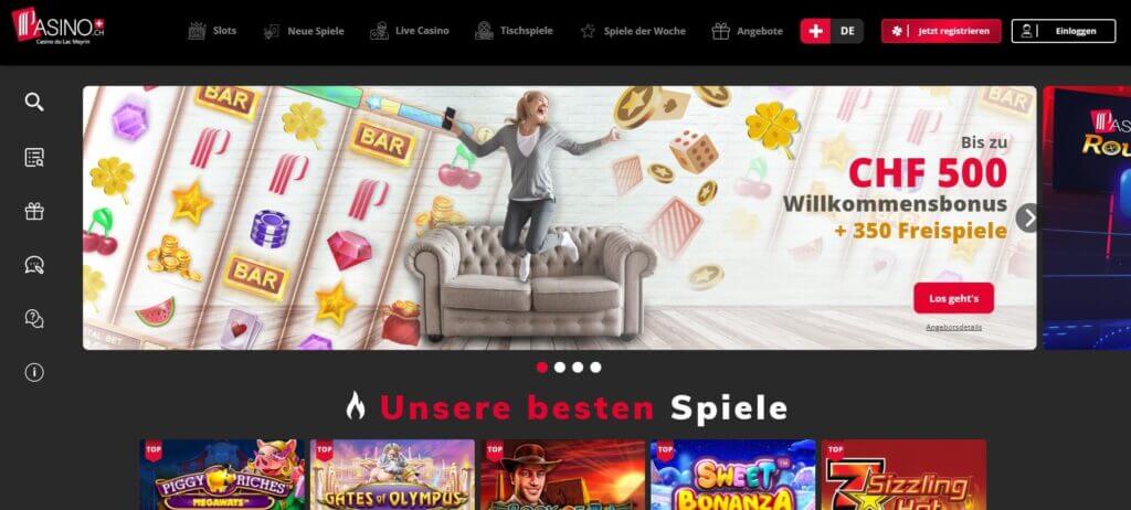 Die Startseite des Pasino.ch Casinos bewirbt den Willkommensbonus