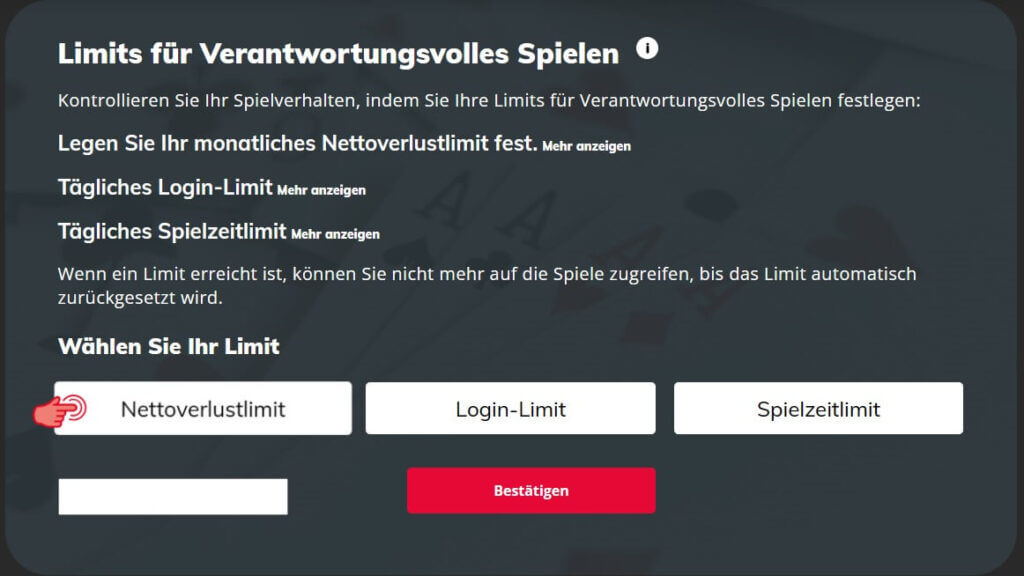 Im Pasino.ch Casino stehen Ihnen u.a. Nettoverlust-, Login- und Spielzeitlimits zur Verfügung 